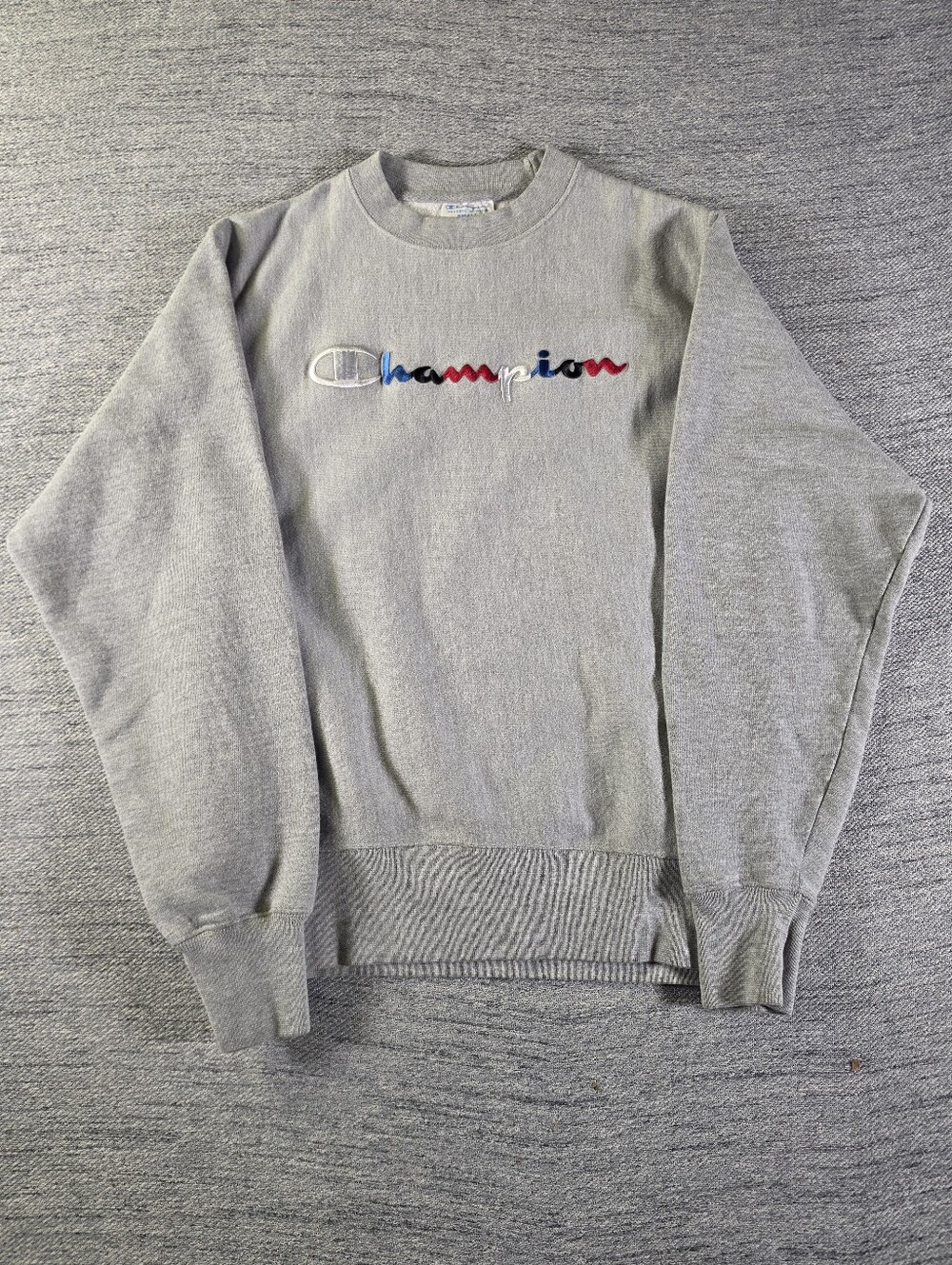Champion Light Gray Crewneck Sweatshirt with Multicolor Embroidered Logo